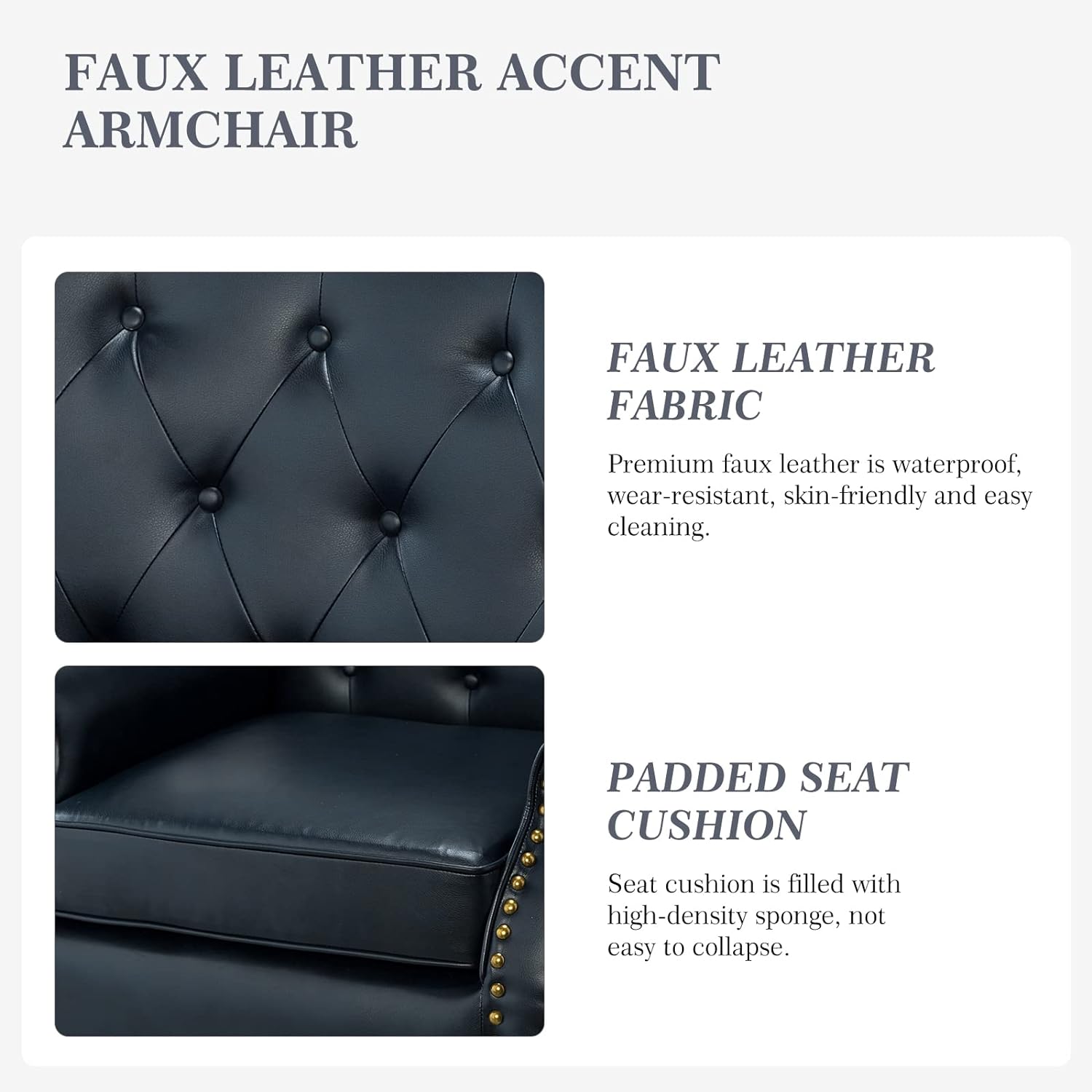 Navy Faux Leather Accent Chair Set Of 2 with Solid Wood Legs A975