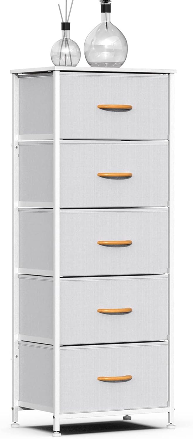 Vertical Dresser Storage Tower, Steel Frame, Wood Top, Textured Fabric Bins, 5 Drawers, BROWN Y935