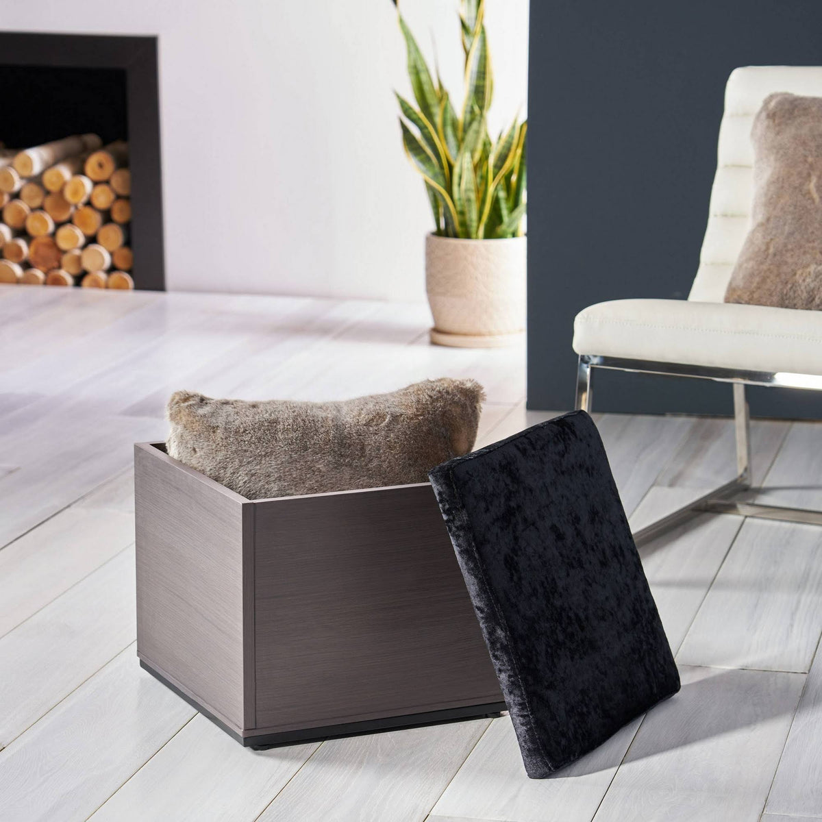 Black Gray Velvet Ottoman with Faux Wood Frame X98378