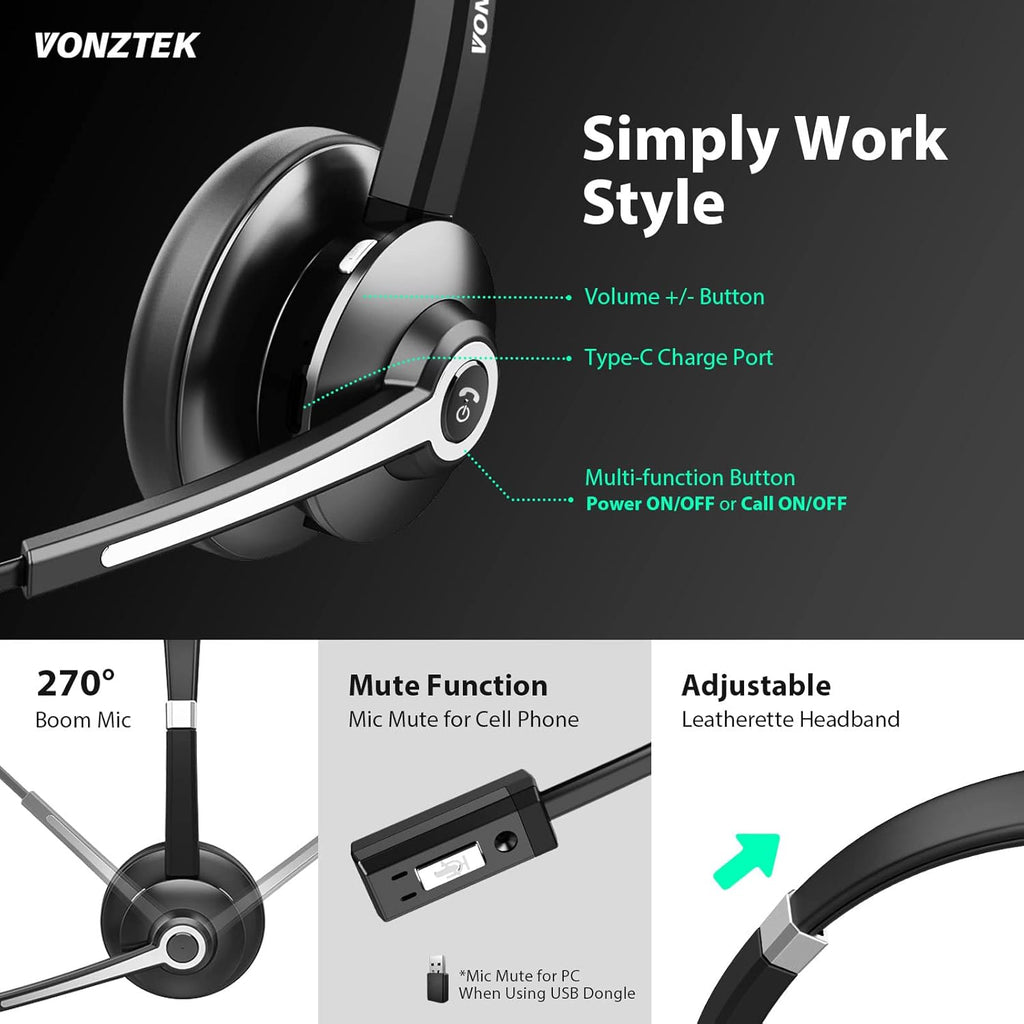 Bluetooth Headset with Microphone, Wireless Headphones with Mic, Noise Canceling, Hands Free Headsets, Pack of 2 H934