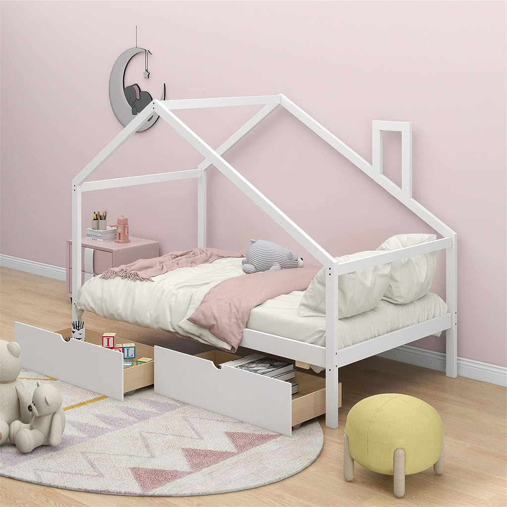 White Wood Twin Size House Bed Frame with Trundle X94019