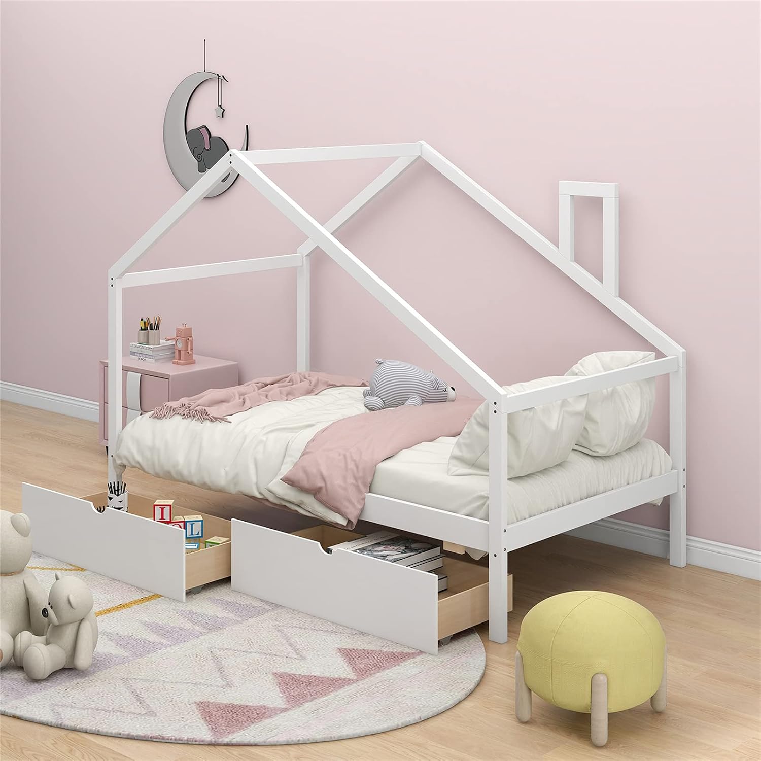 White Wood Twin Size House Bed Frame with Trundle X94019