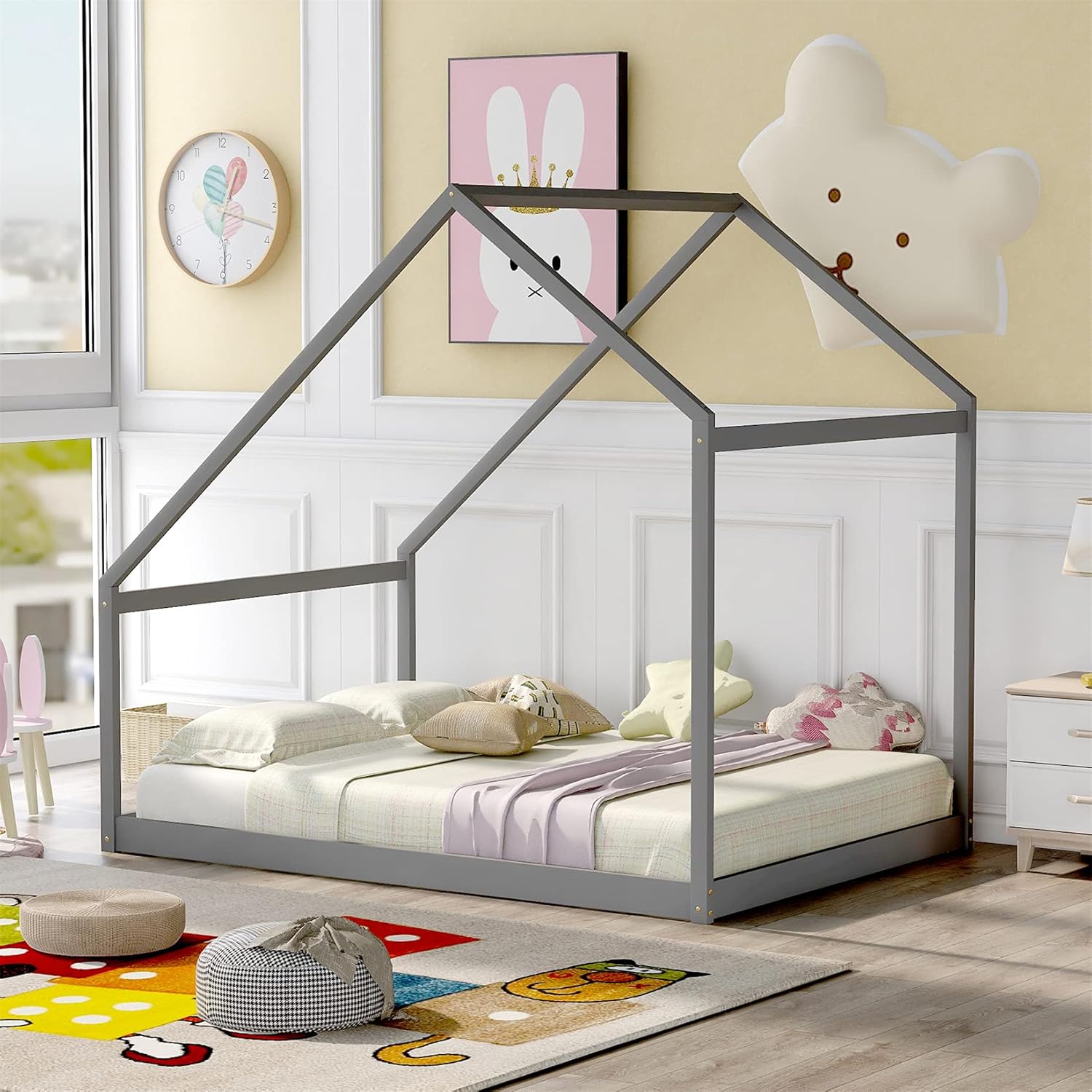 White Wood Twin Size House Bed Frame with Trundle X94019