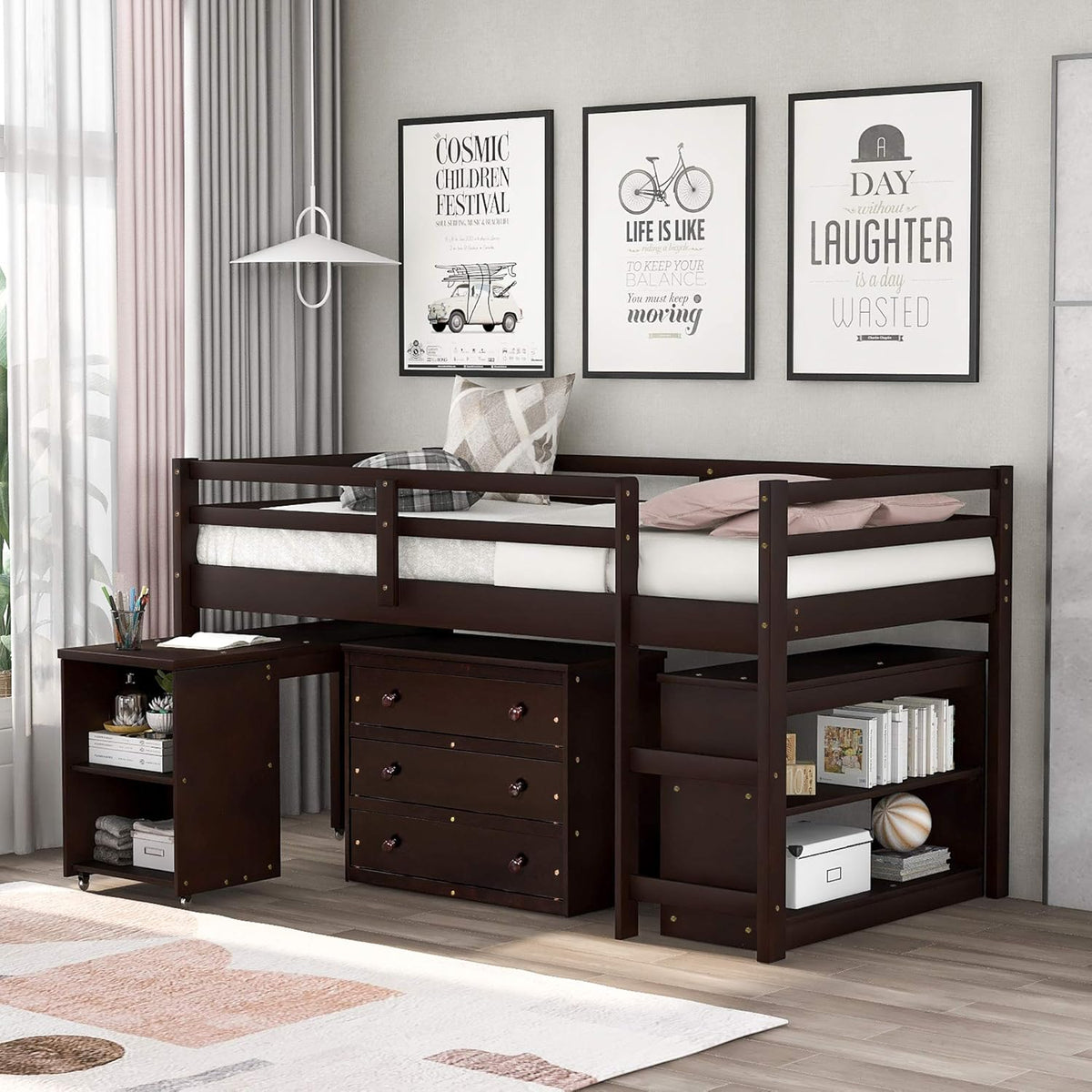 Twin Loft Bed with Cabinet and Storage, Built-in Ladder Playhouse Bed E53757