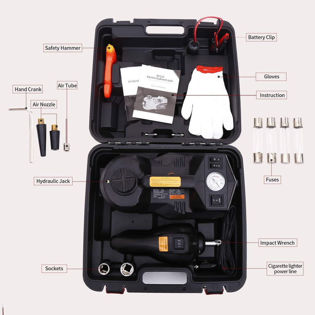 Electric Car Jack Kit 5 Ton 12V Hydraulic with Impact Wrench and Tire Inflator Pump Red with LED Light S249194