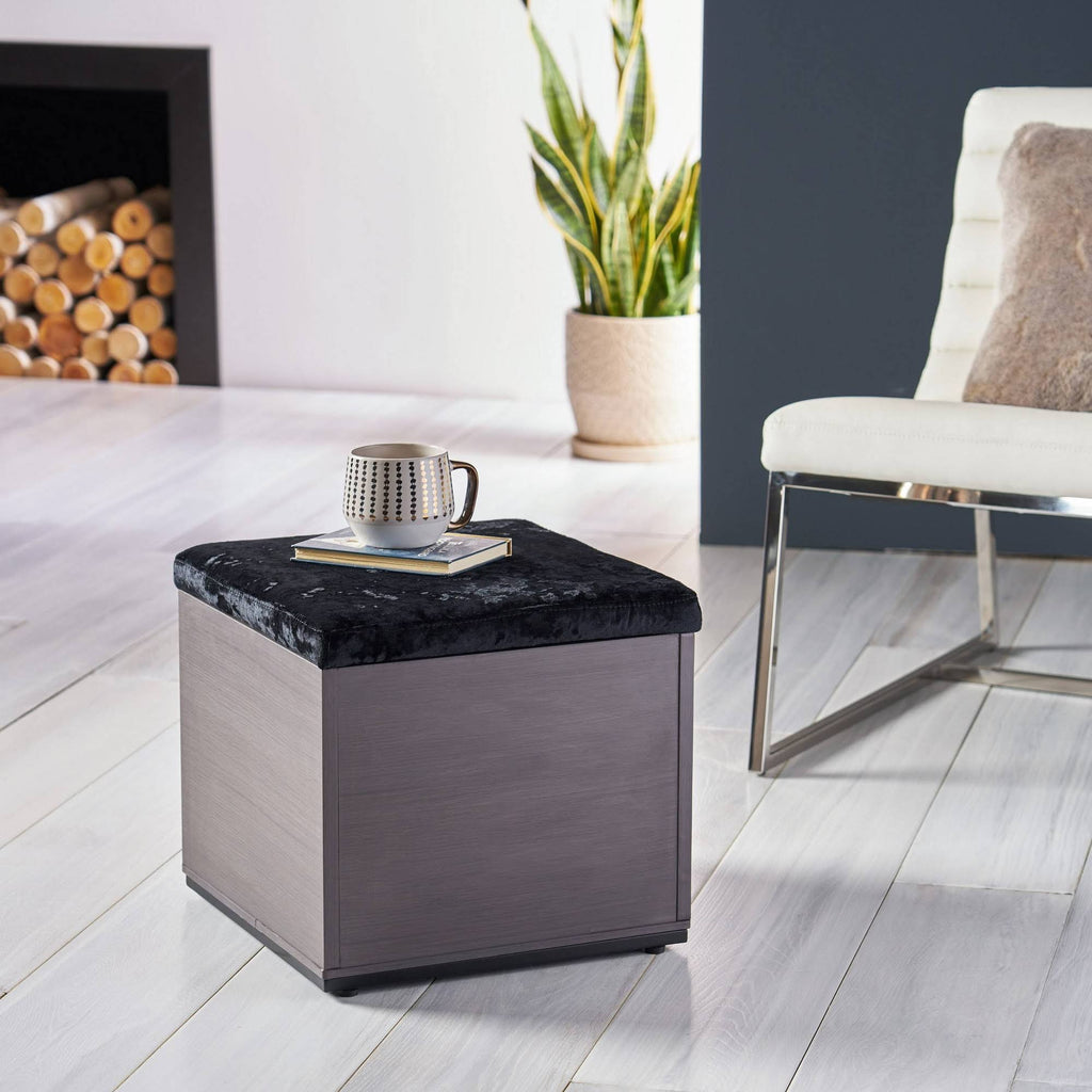 Black Gray Velvet Ottoman with Faux Wood Frame X98378