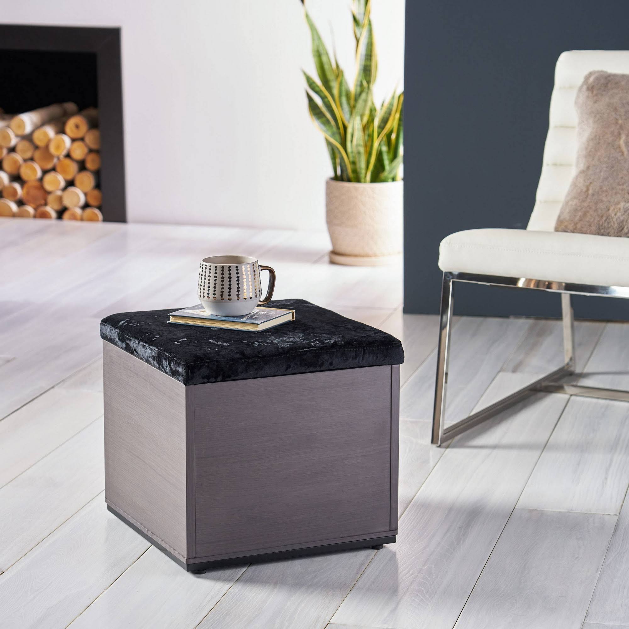 Black Gray Velvet Ottoman with Faux Wood Frame X98378