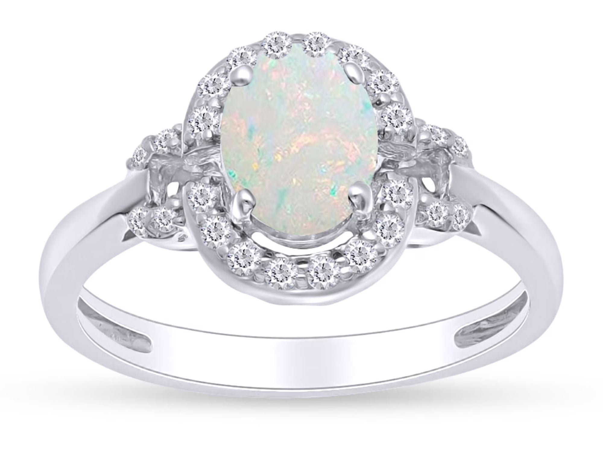 Oval Cut Lab Created Opal And Simulated White Sapphire Halo Solitaire Engagement Ring In 14k White Gold Over Sterling Silver R23273