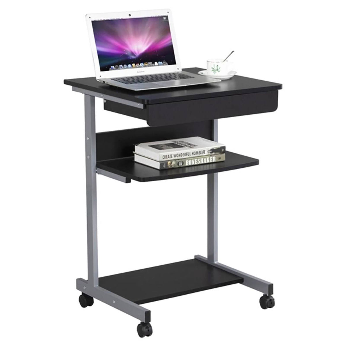 Compact Rolling Laptop Cart Desk with Drawer and Shelf G23572