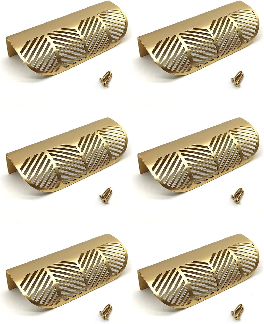 Gold Brass Leaf Shaped Cabinet Pulls 6pcs 2.36 Length 1.54 Hole Centers with Mounting Screws R832357