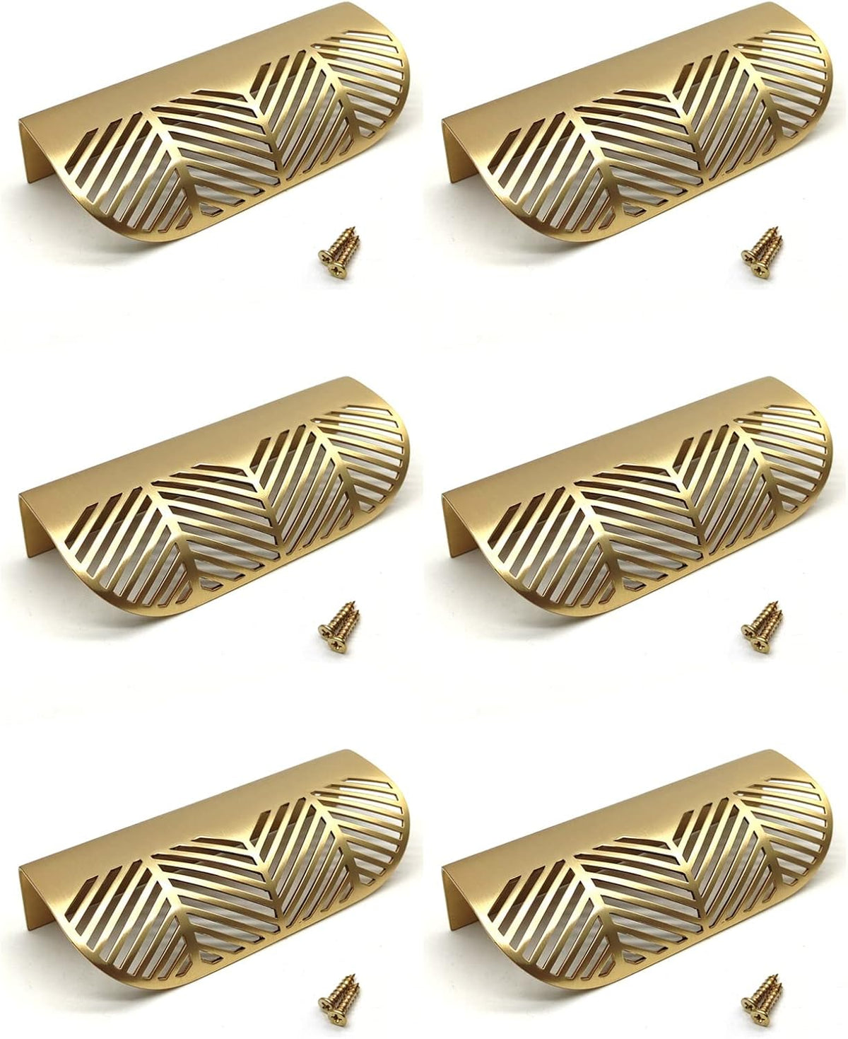 Gold Brass Leaf Shaped Cabinet Pulls 6pcs 2.36 Length 1.54 Hole Centers with Mounting Screws R832357
