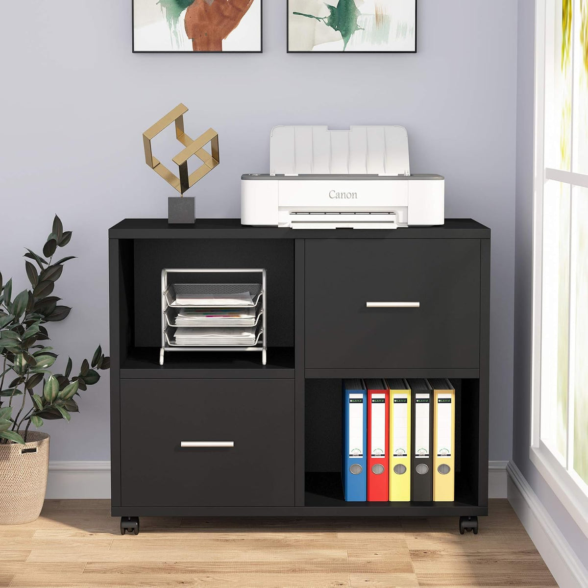 2 Drawers Mobile Lateral Filing Cabinet with Open Storage Shelves and Wheels Q56551