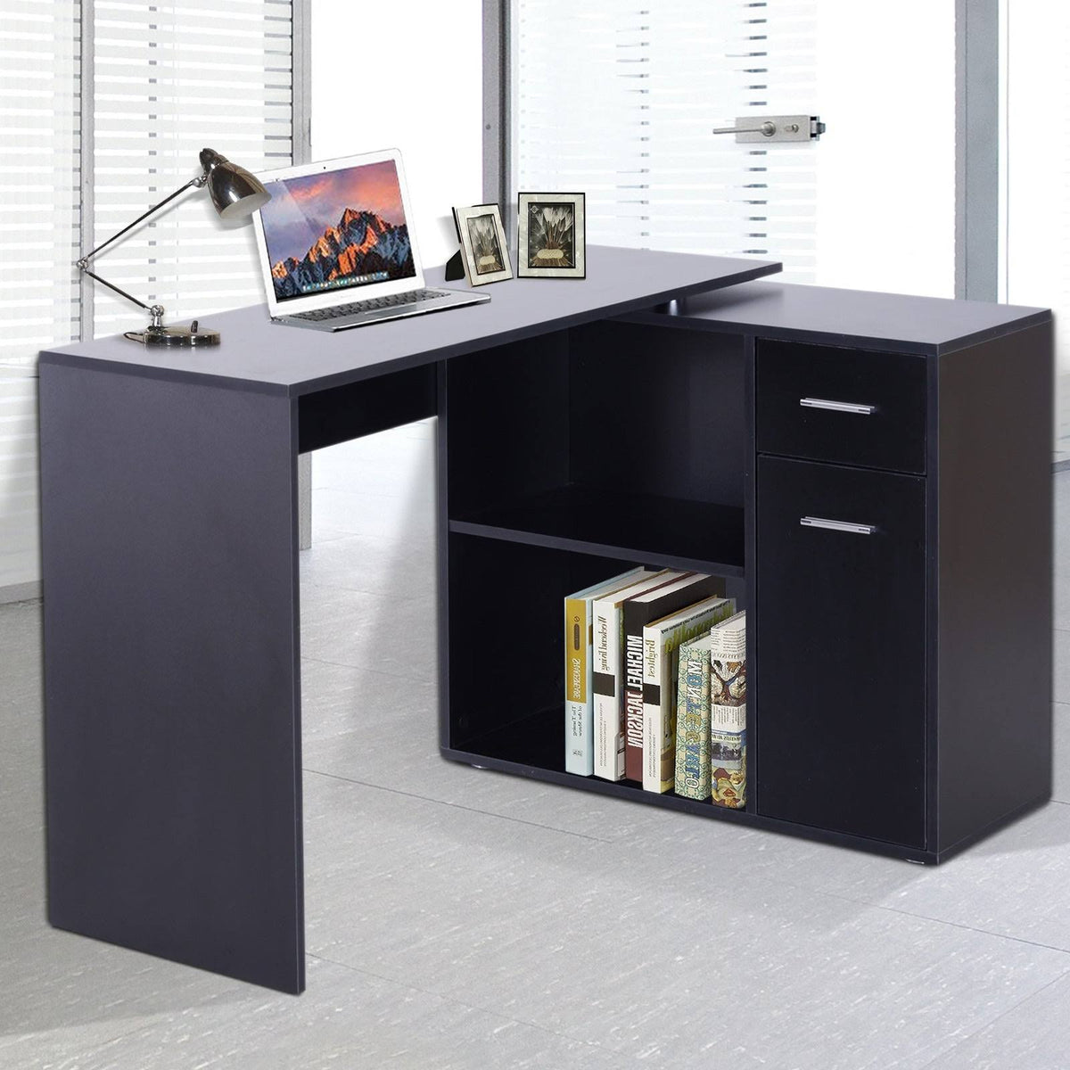 White L Shaped Computer Desk with Storage Shelves and Cabinet B324666
