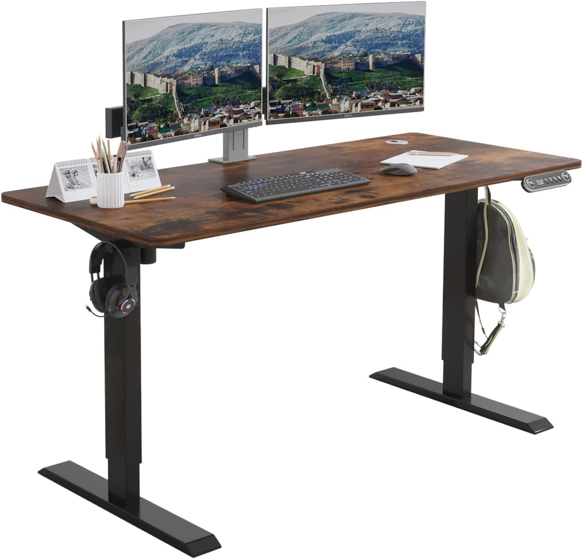 Black Frame Rustic Brown Top Electric Standing Desk with Splice Board C389