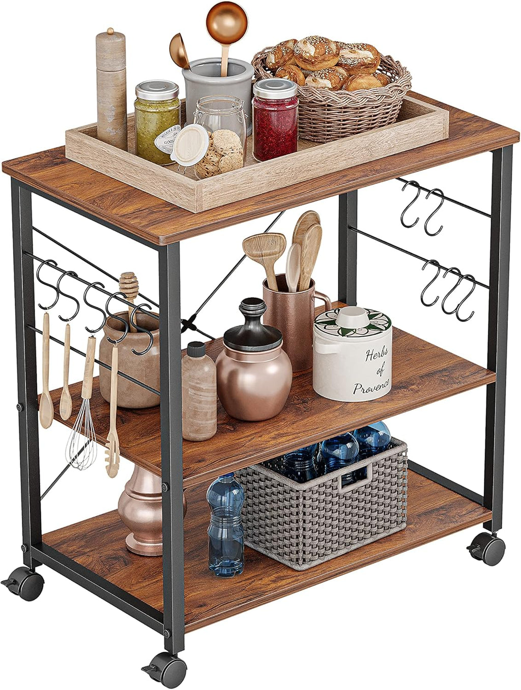 3 Tier Metal Kitchen Cart with Wheels and 10 Hooks W3242