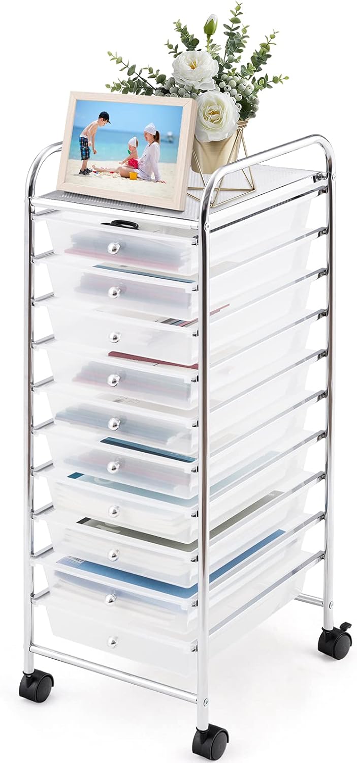 Black Rolling Drawer Cart with Metal Frame, 10 Drawers, Pack of 2 S4530