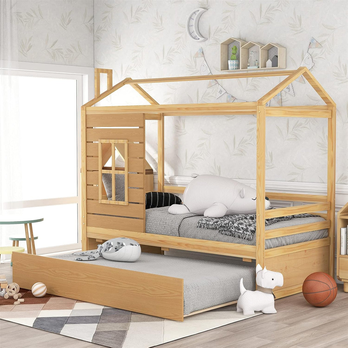 White Wood Twin Size House Bed Frame with Trundle X94019