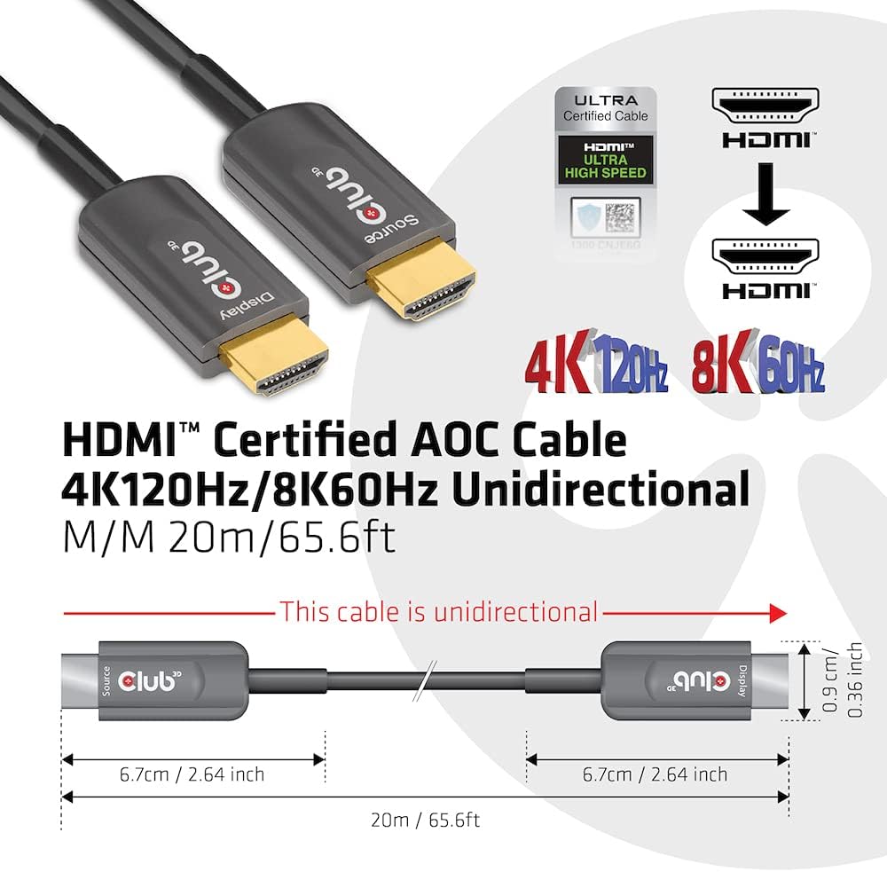8K 60Hz 4K 120Hz Active Fiber Optical HDMI 2.1 Cable AOC Male/Male 20 meter / 65.6 feet V683447