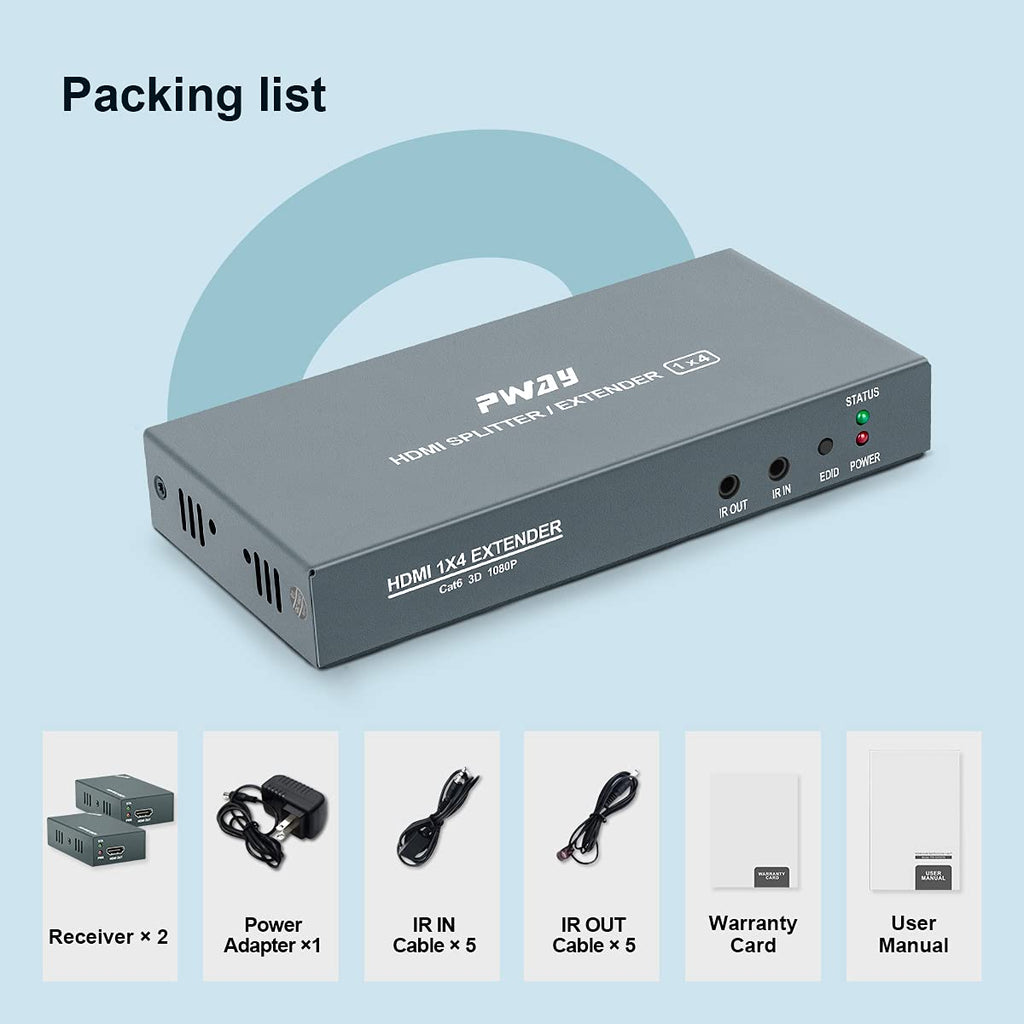 1x4 HDMI Extender Splitter Over Cat5e/Cat6/Cat7 Ethernet Cable Up to 50m/165ft, 1080P@60Hz 3D, 1 in 4 Out I891