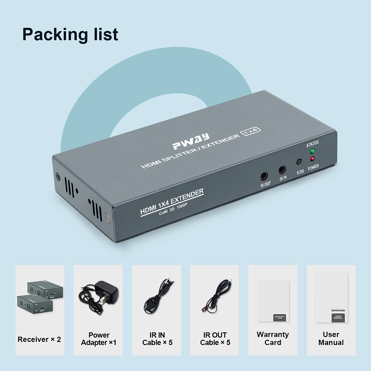 1x4 HDMI Extender Splitter Over Cat5e/Cat6/Cat7 Ethernet Cable Up to 50m/165ft, 1080P@60Hz 3D, 1 in 4 Out I891