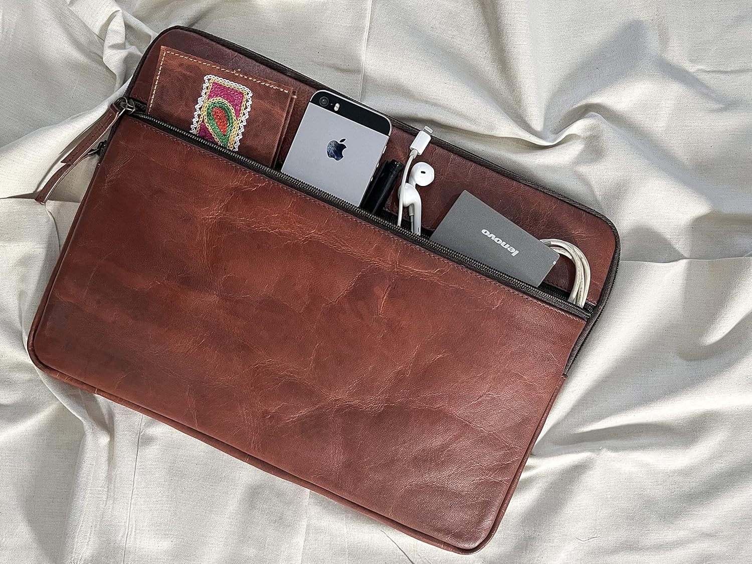Brown Padded Velvet Leather Laptop Sleeve Bag V435861