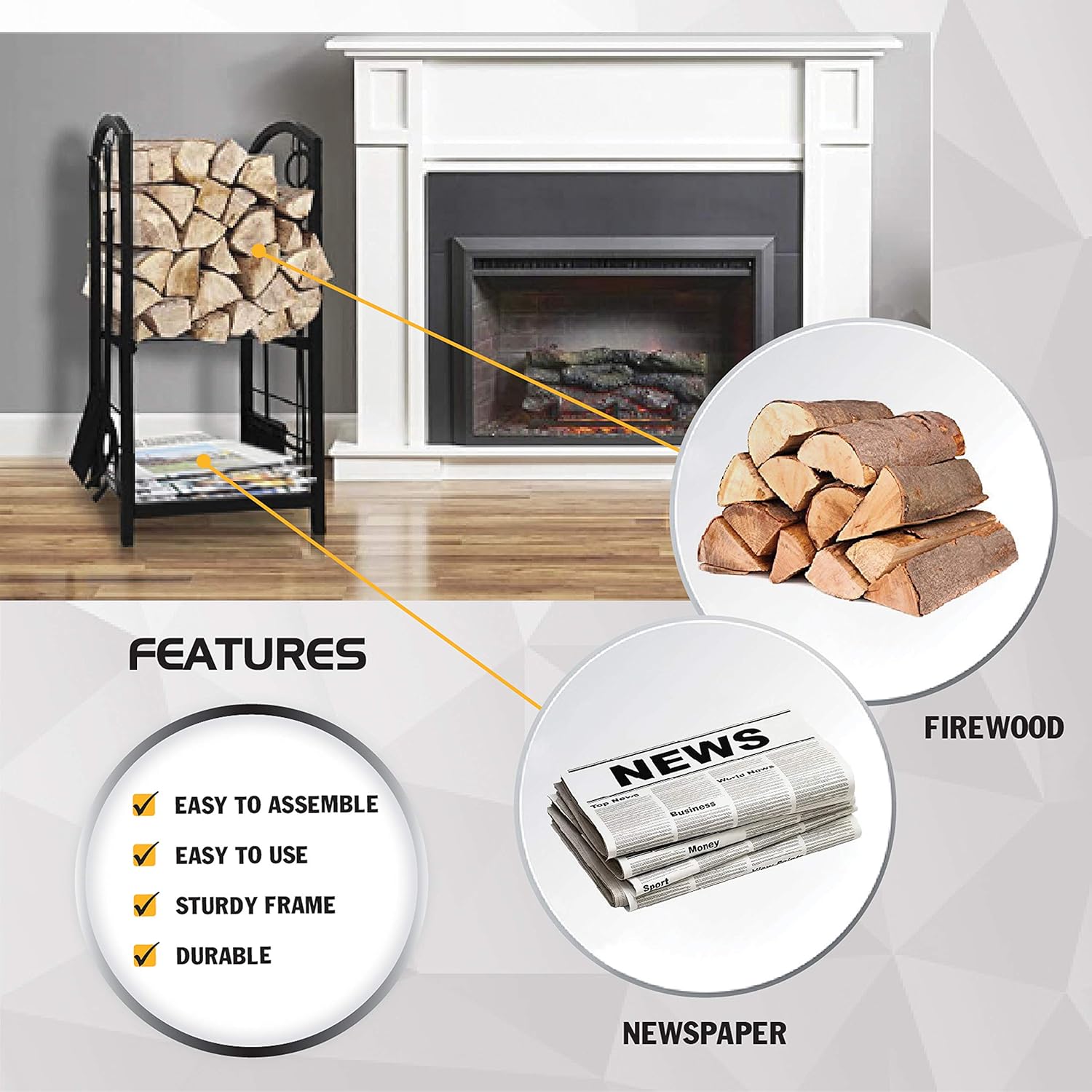 5-Piece Fireplace Tool Set with Log Rack, Black K961