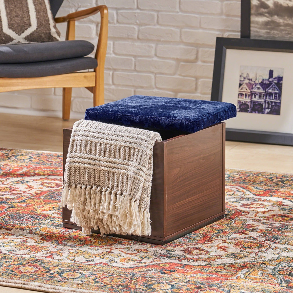 Black Gray Velvet Ottoman with Faux Wood Frame X98378