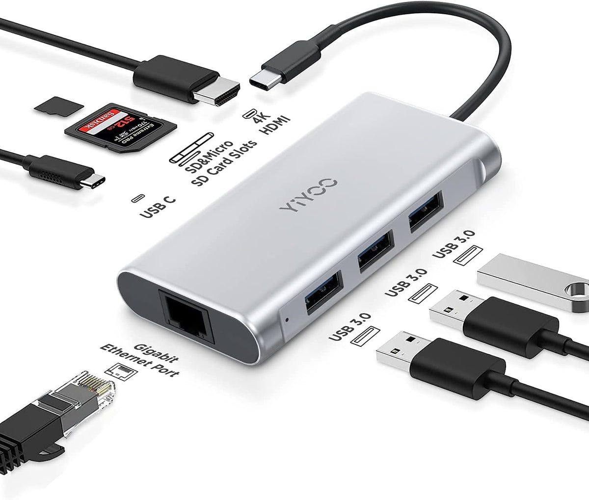 USB C Hub Adapter, 10-in-1 with Ethernet 1000Mbps, 4K USB C to HDMI, VGA, 2 USB 3.0, 2 USB 2.0, Micro SD/TF Card Reader, USB-C PD 3.0 W818950