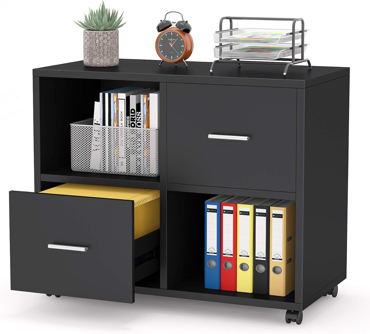 2 Drawers Mobile Lateral Filing Cabinet with Open Storage Shelves and Wheels Q56551