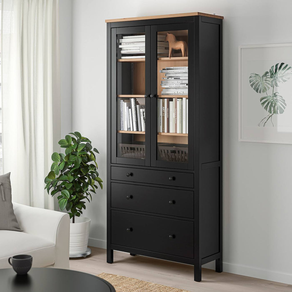 Black-brown Glass-Door Cabinet with 3 Drawers M977