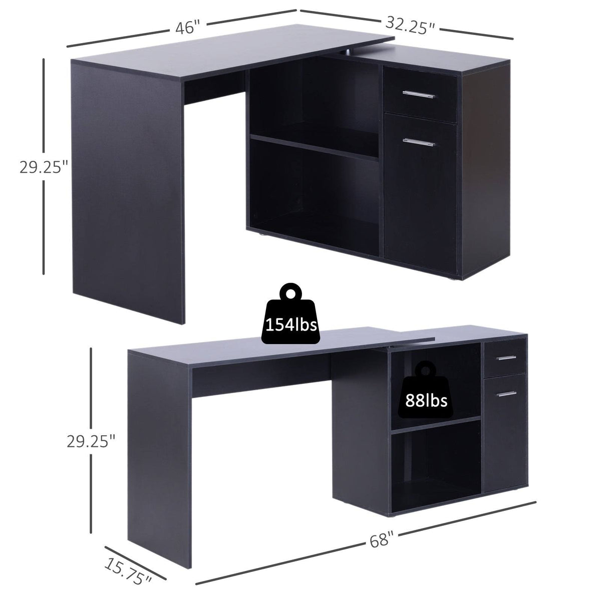 White L Shaped Computer Desk with Storage Shelves and Cabinet B324666