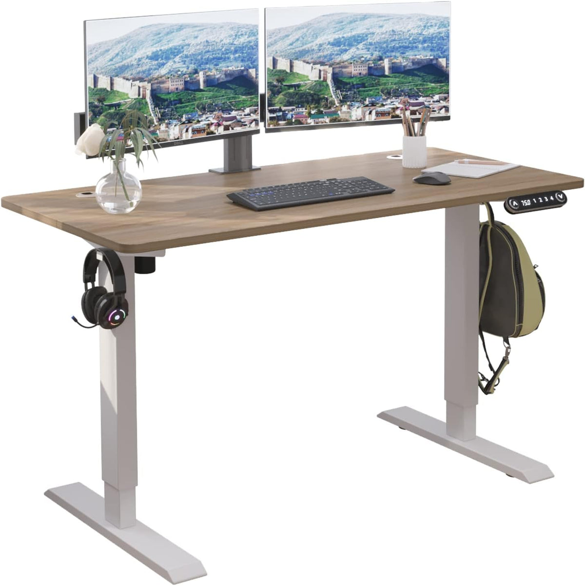 Black Frame Rustic Brown Top Electric Standing Desk with Splice Board C389