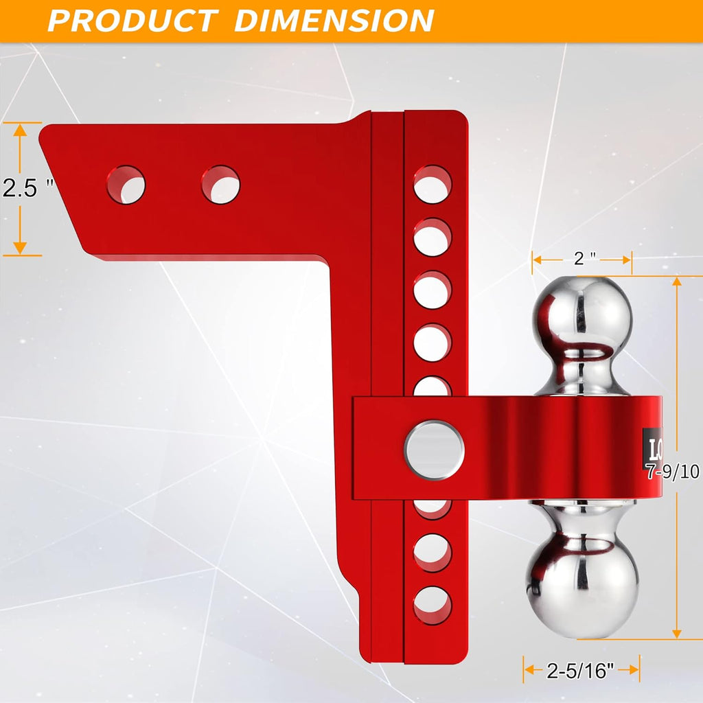 Adjustable Aluminum Trailer Hitch, Fits 2.5-Inch Receiver, 8-Inch Drop/Rise, 18,500 LBS GTW, Red H944050