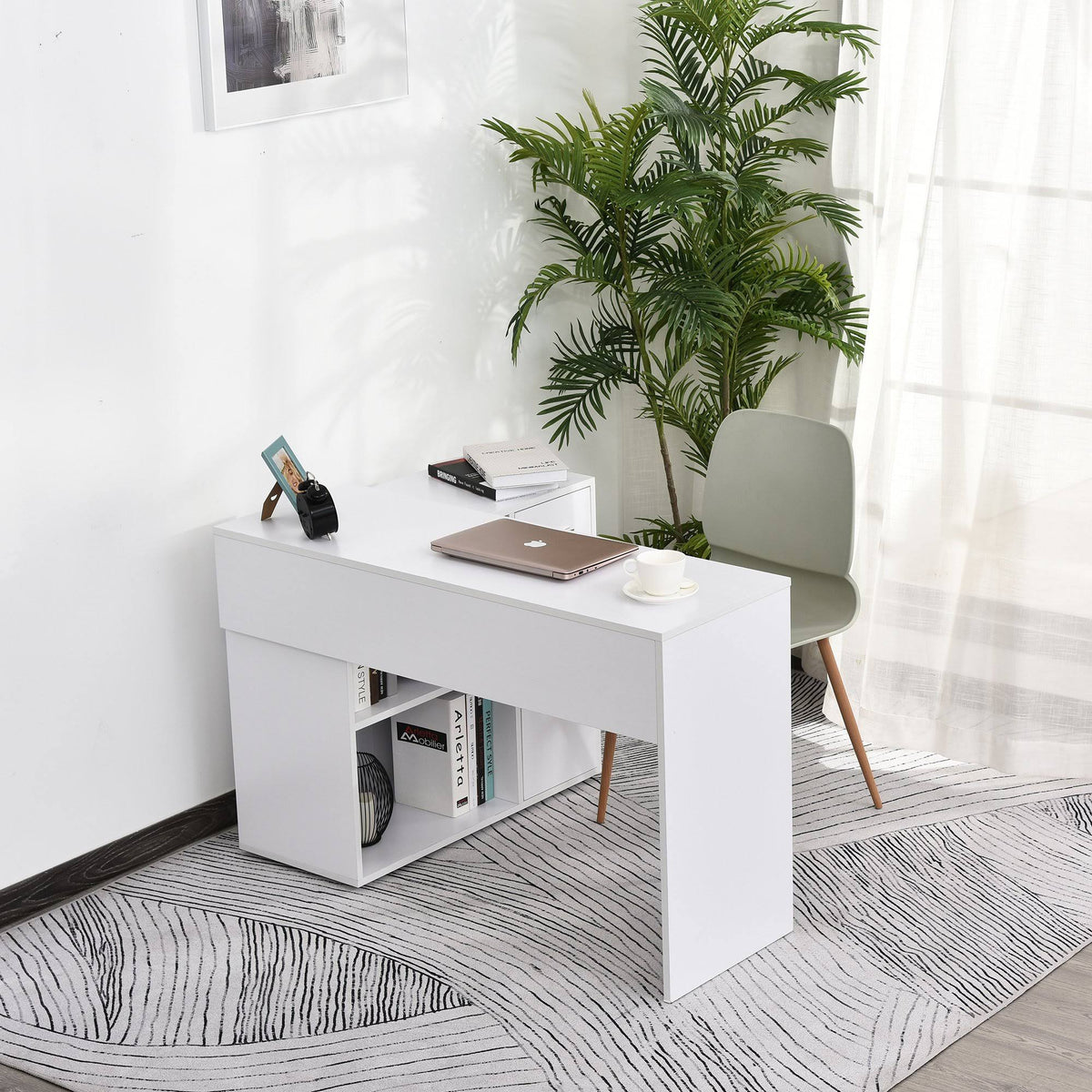 White L Shaped Computer Desk with Storage Shelves and Cabinet B324666