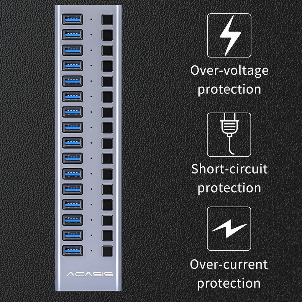 16 Ports USB 3.0 Powered Hub with Individual On/Off Switches and Power Adapter, Pack of 2 X48258
