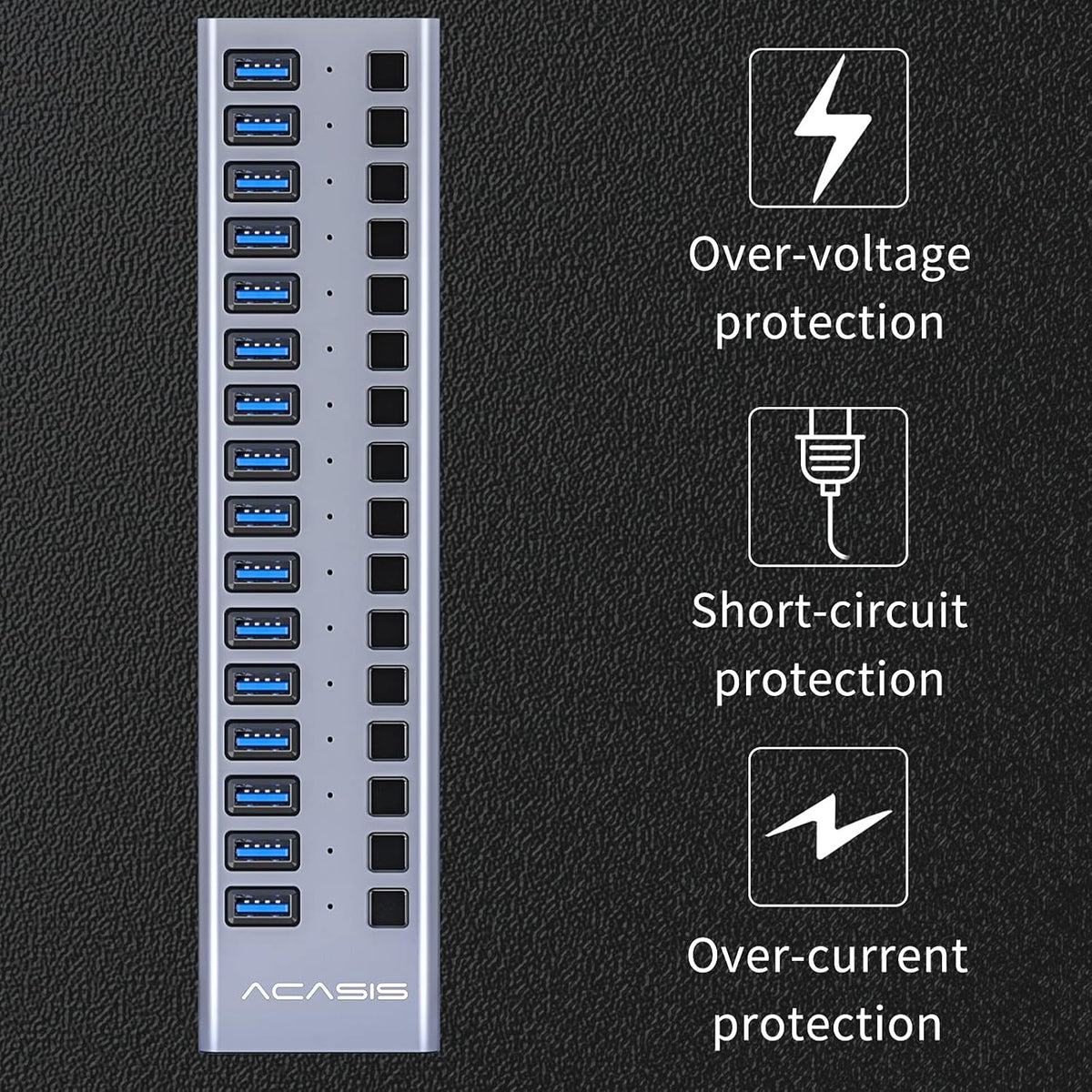 16 Ports USB 3.0 Powered Hub with Individual On/Off Switches and Power Adapter, Pack of 2 X48258