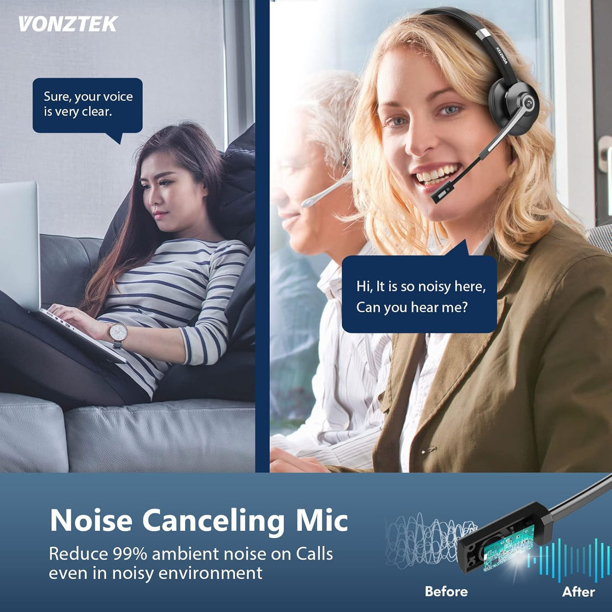 Bluetooth Headset with Microphone, Wireless Headphones with Mic, Noise Canceling, Hands Free Headsets, Pack of 2 H934