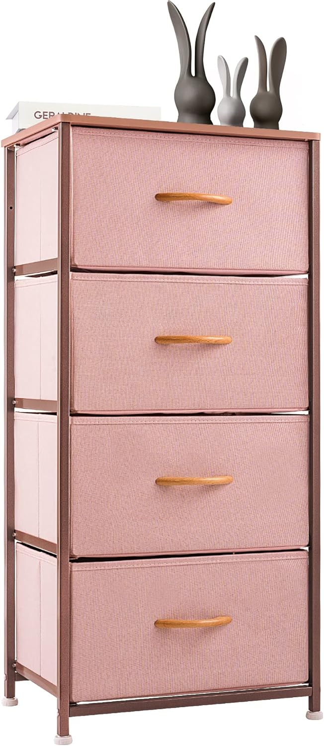 Vertical Dresser Storage Tower, Steel Frame, Wood Top, Textured Fabric Bins, 5 Drawers, BROWN Y935
