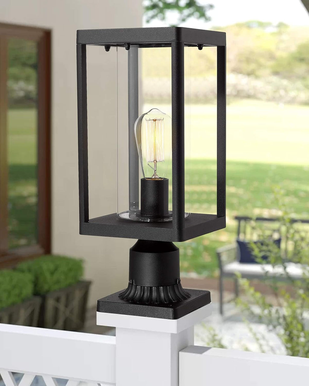 Set of 2 Black Cast Aluminum Outdoor Post Lantern with Clear Glass M386203
