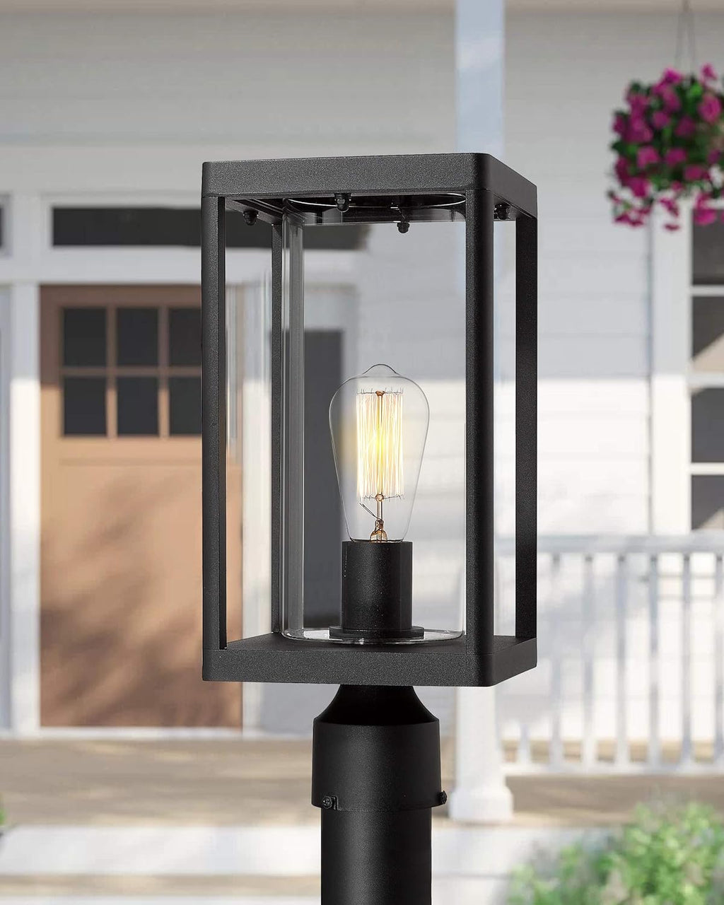 Set of 2 Black Cast Aluminum Outdoor Post Lantern with Clear Glass M386203