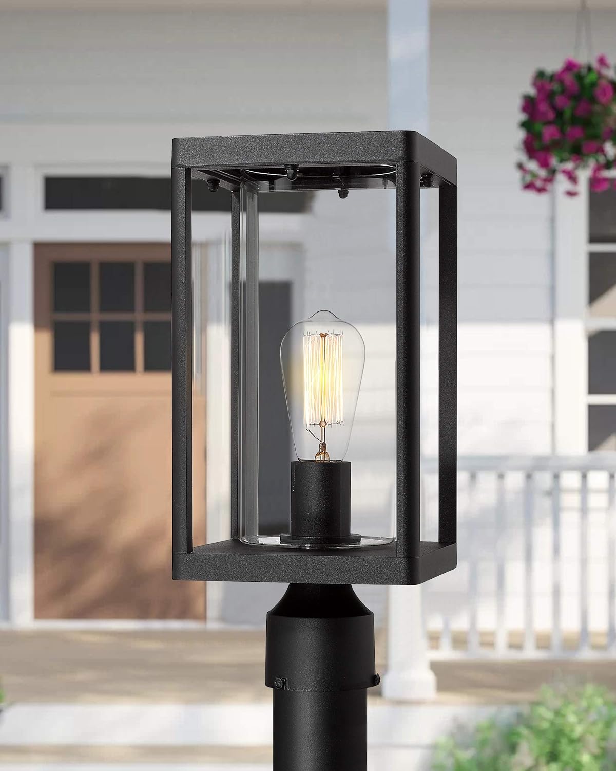 Set of 2 Black Cast Aluminum Outdoor Post Lantern with Clear Glass M386203