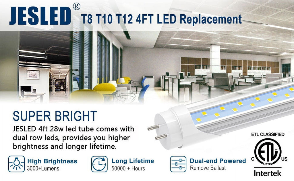 T8 4ft LED Tube Light Bulbs, 28W 5000K, Dual-end Powered, 4-Pack U733