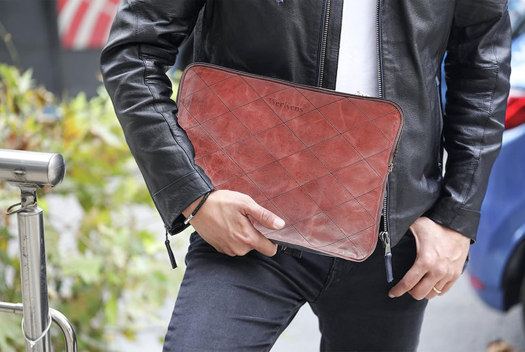 Brown Padded Velvet Leather Laptop Sleeve Bag V435861