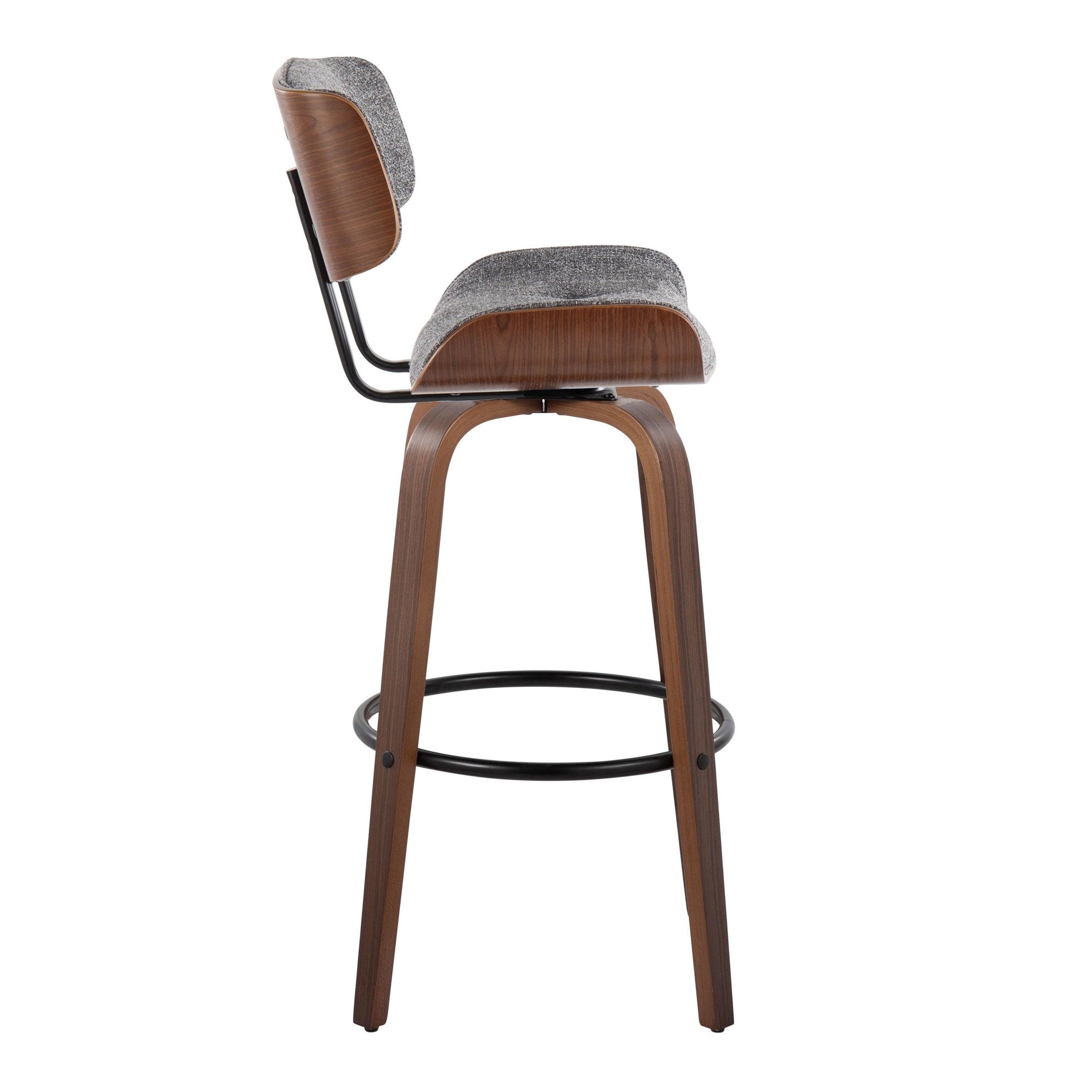 30" Mid-Century Modern Fixed-Height Barstool with Swivel in Walnut Wood and Grey Noise Fabric with Round Black Metal Footrest - Set of 2 F32501