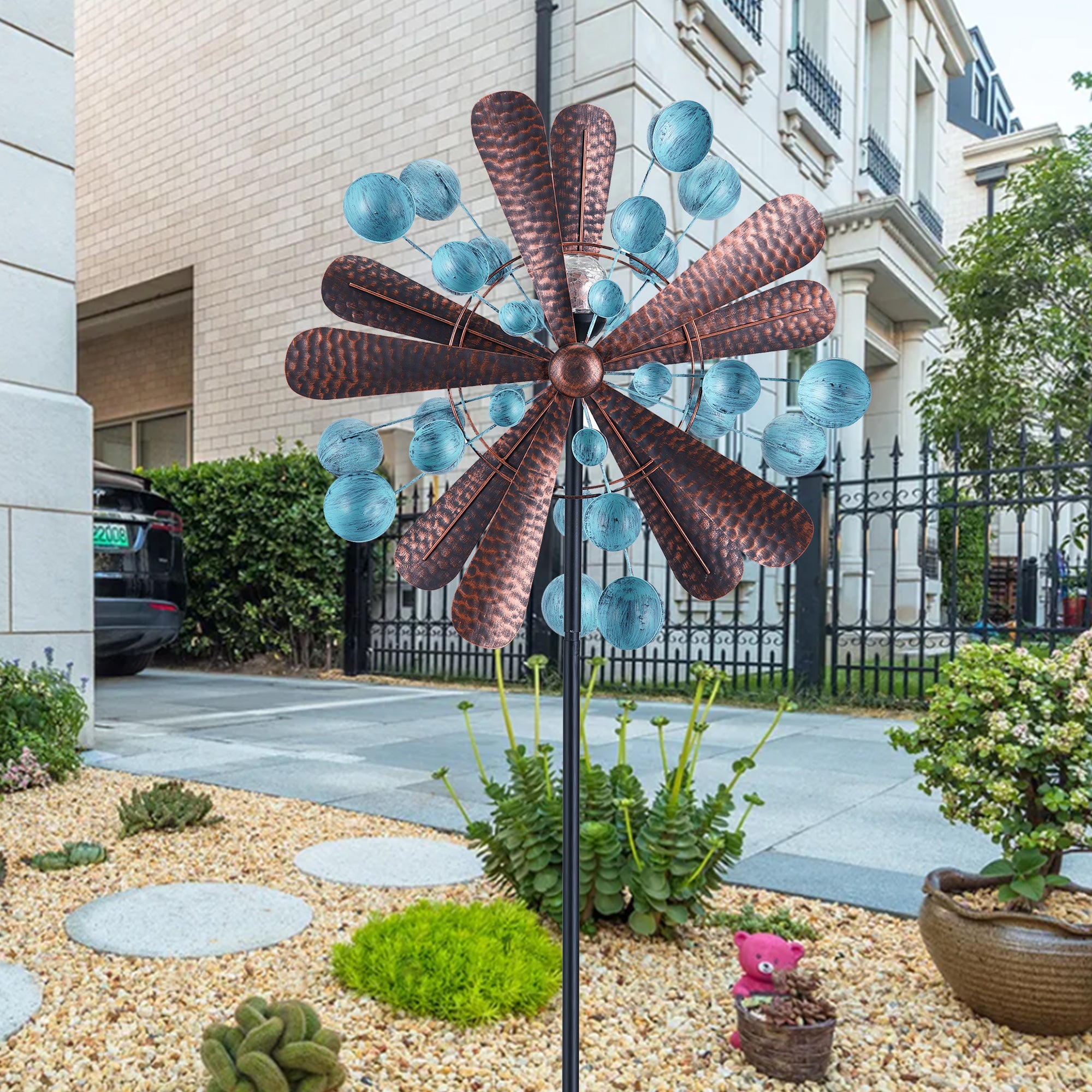 Blue&Brown 84 inch Solar-Powered Metal Wind Spinner U80941