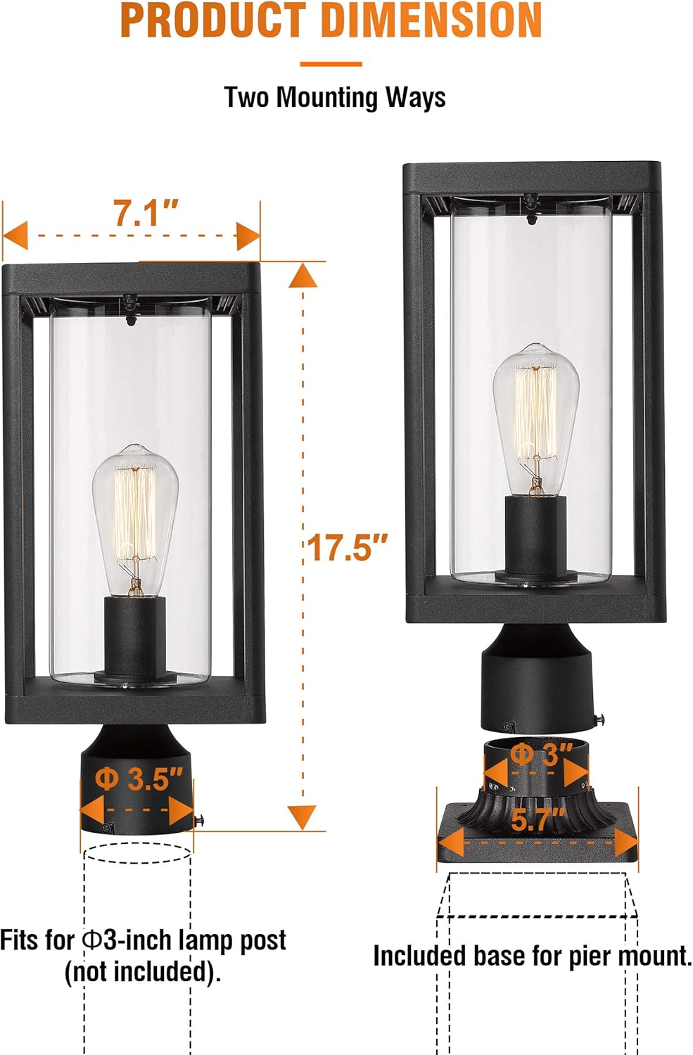 Set of 2 Black Cast Aluminum Outdoor Post Lantern with Clear Glass M386203