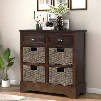 Rustic Storage Cabinet with Two Drawers and Four Rattan Basket D900
