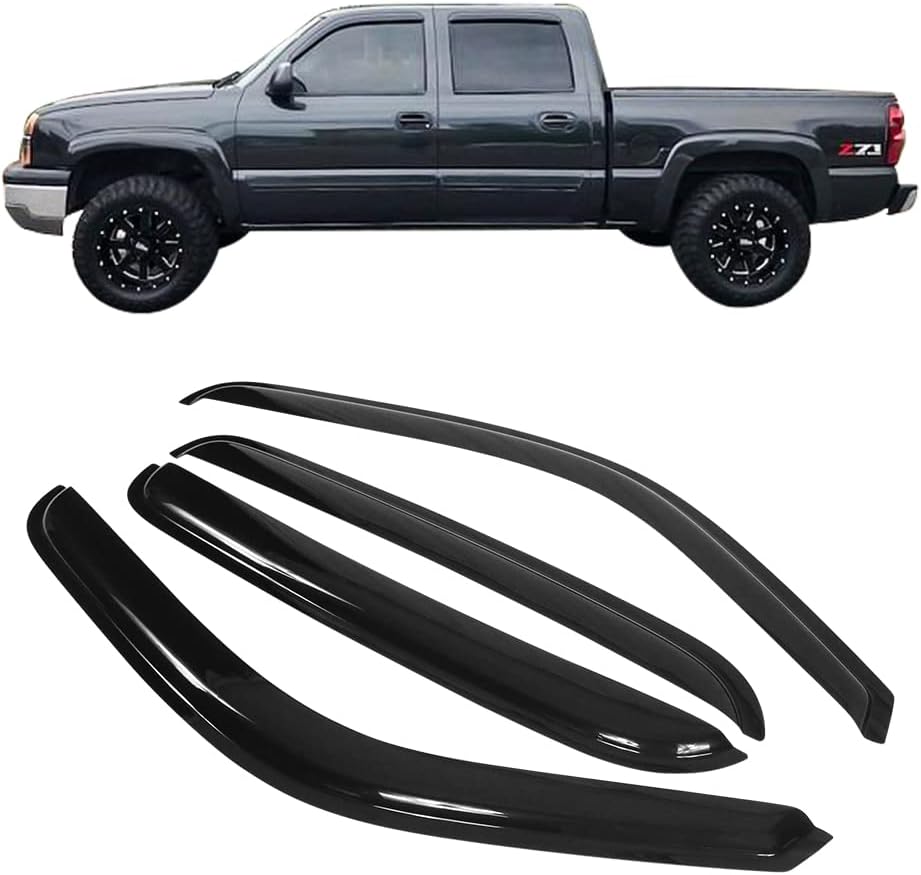 Window Visor Compatible With 2001-2006 Chevy Silverado GMC Sierra Crew Cab, Slim Style Acrylic Smoke Tinted 4PCS Sun Rain Shade Guard Wind Vent Air Deflector by IKON MOTORSPORTS, 2002 2003 2004 2005 Pack of 2 B773