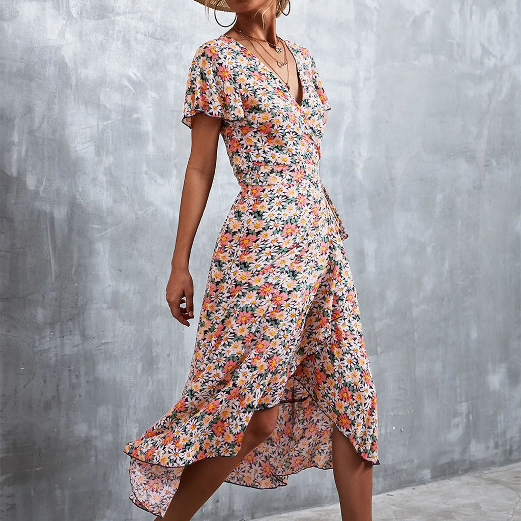 V Neck Short Sleeve Split Wrap Long Dress D86189