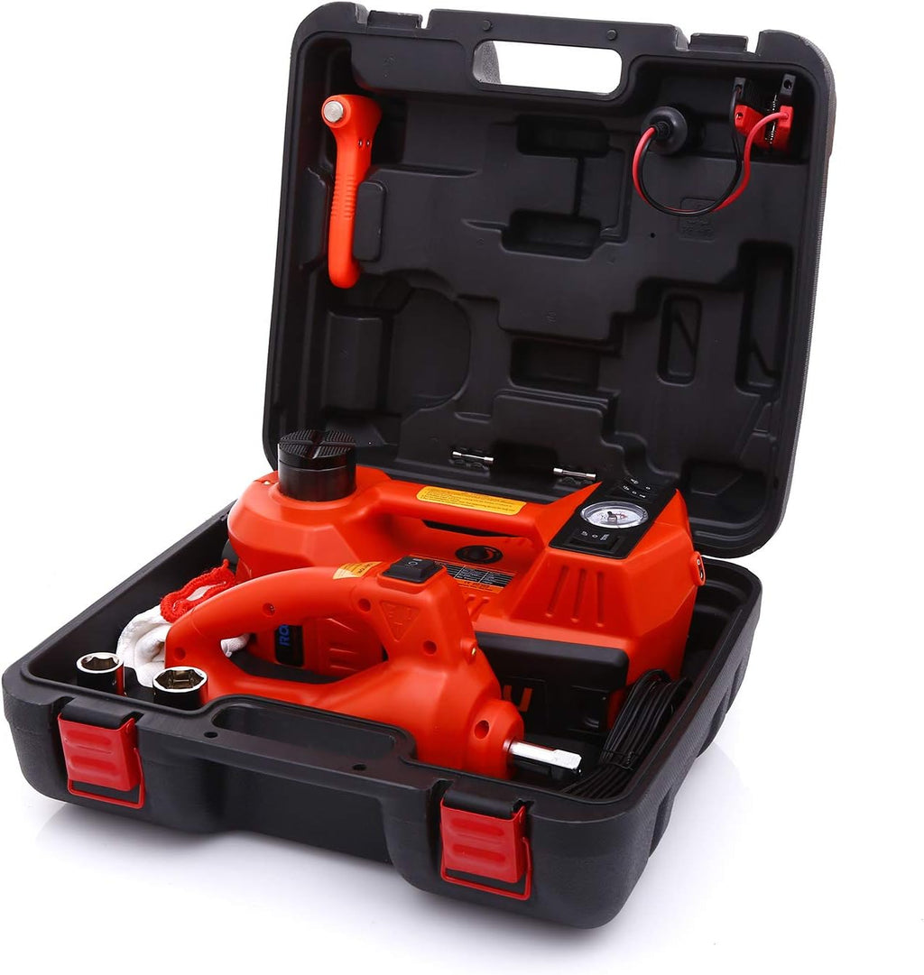 Electric Car Jack Kit 5 Ton 12V Hydraulic with Impact Wrench and Tire Inflator Pump Red with LED Light S249194